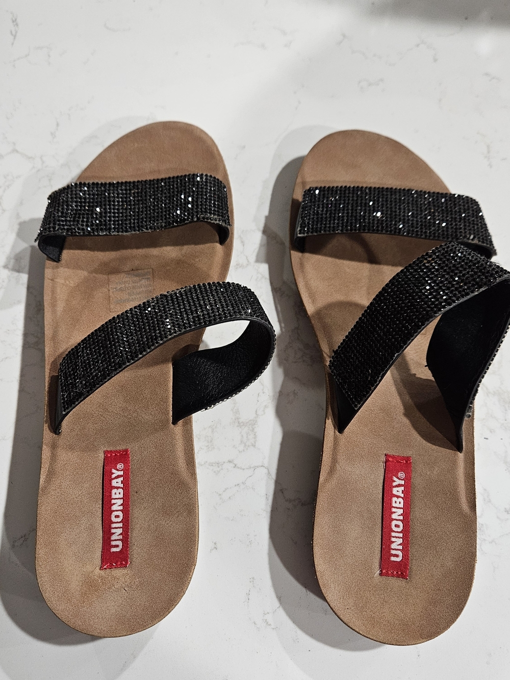 UNIONBAY Black Rhinestone Double-Strap Slide Sandals